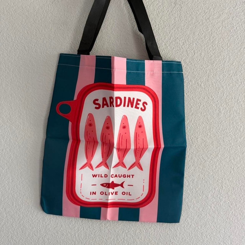 Sardines tote bag with blue/pink stripes and red sardines coastal fisherman
